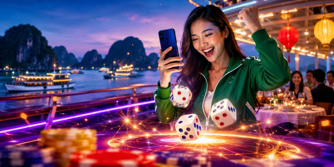 Bàn xúc xắc Tài Xỉu với ánh đèn neon tại vịnh Hạ Long – không khí casino sôi động về đêm